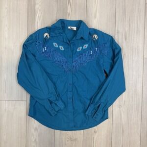 Vintage Western Collection Blue w/ Fringe Embroidered Bolo Long Sleeve Meduim‎